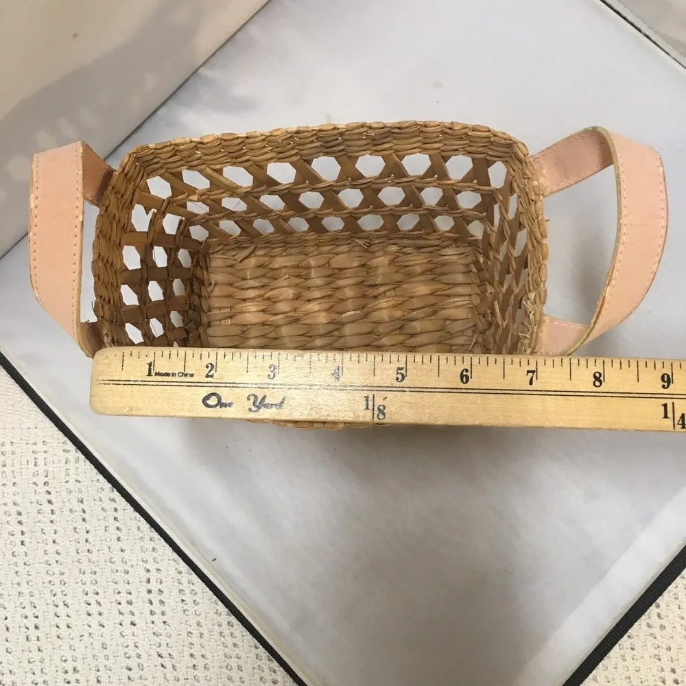 Woven Straw Basket Small Tan Faux Leather Handle Lattice Design Rectangle